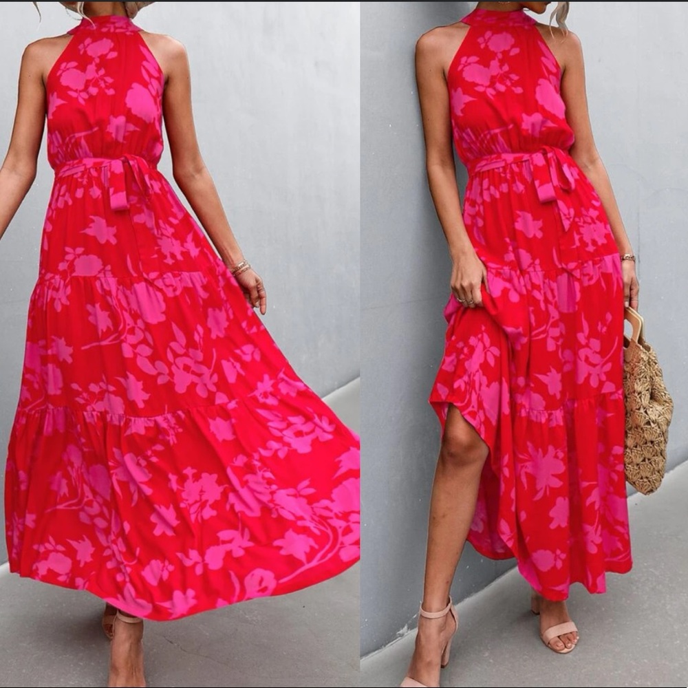 Boho pint floral print belted halter maxi dress - Picture 5 of 5